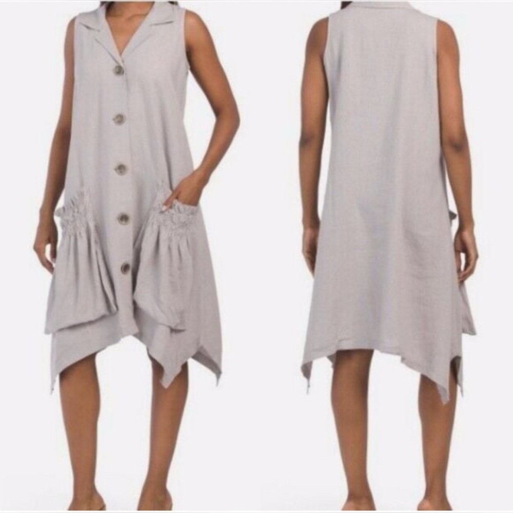 For Cynthia Sleeveless Gray Button-Down Linen Dress